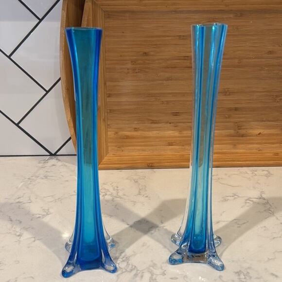 Vintage MCM Style Art Glass Vase Handblown Elephant Foot 11.5in Aqua Blue x2 - Picture 4 of 5